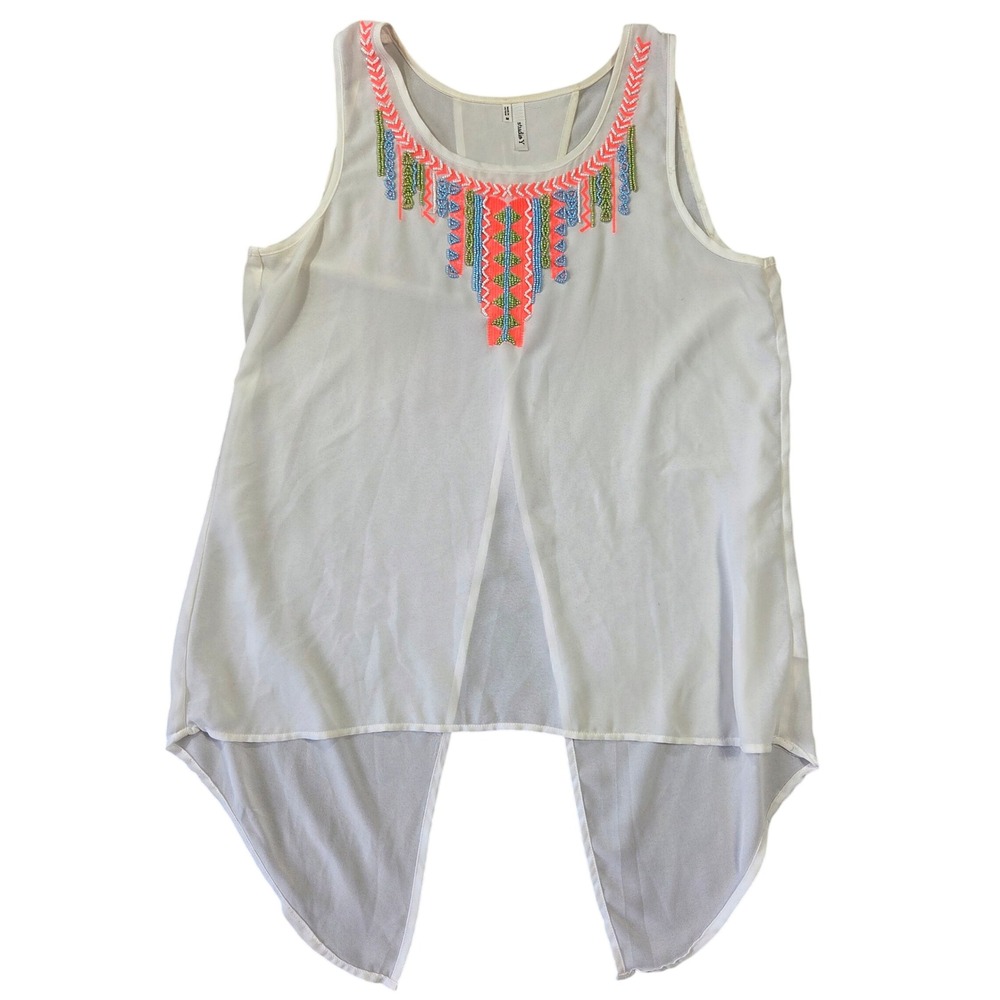 Studio Y Beaded Tribal Neckline Split Back Sleeveless Blouse M Western Boho